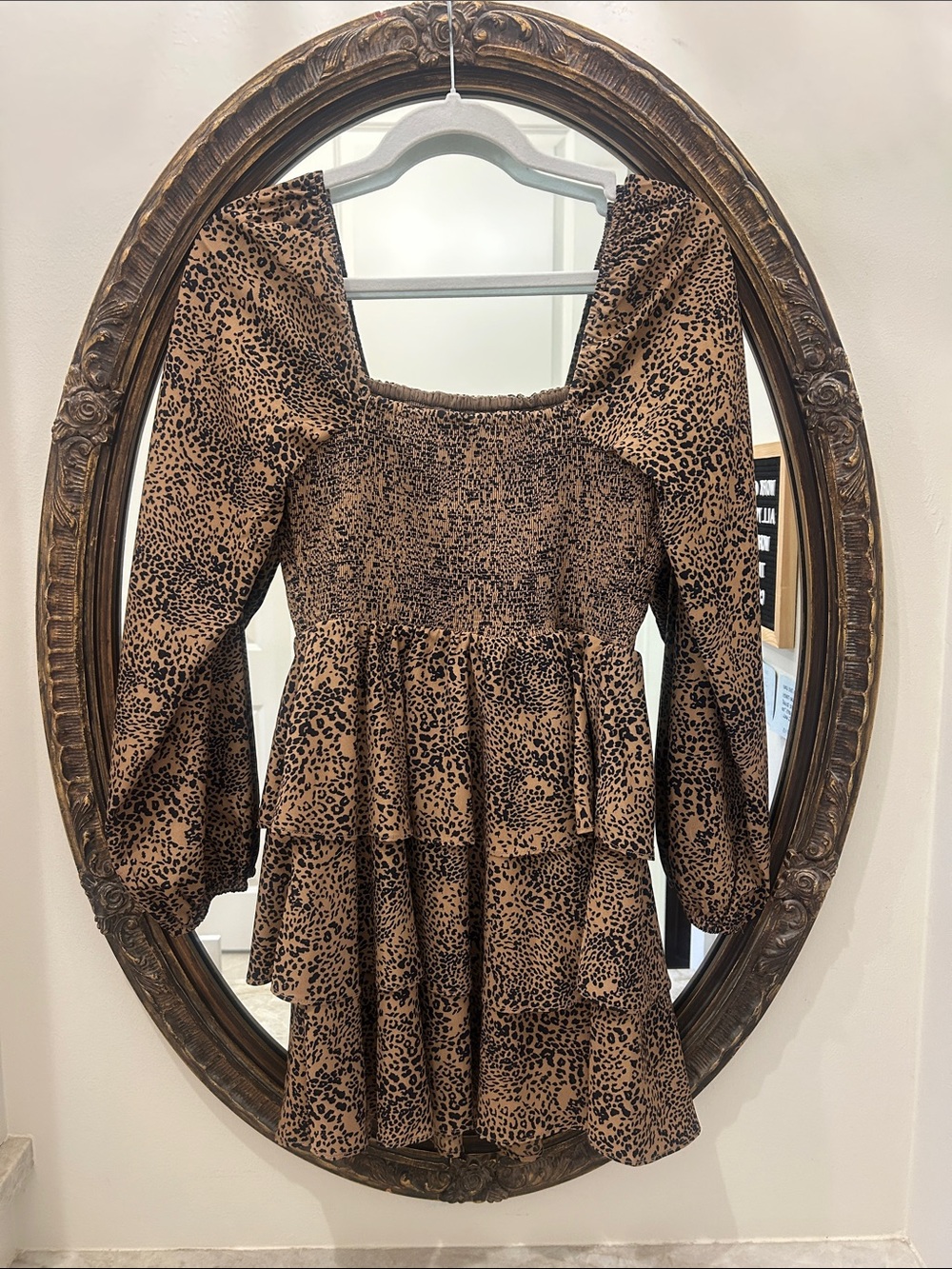 Smocked Square-Neck Leopard Print Dess